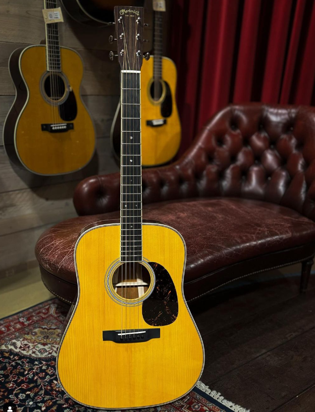 The HD-35 has the three-piece back and the more traditional mother-of-pearl fretboard inlays.