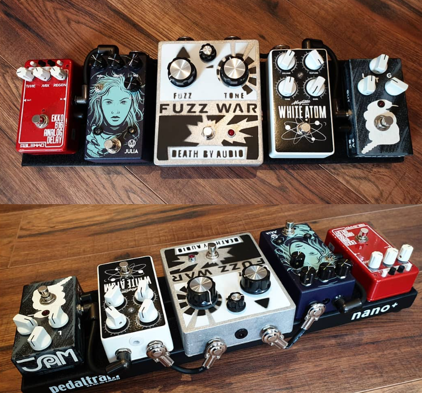 Again we see five pedals with one taking up more space than the others (the Death Audio Fuzz War in the middle), yet with a comfortable fit.